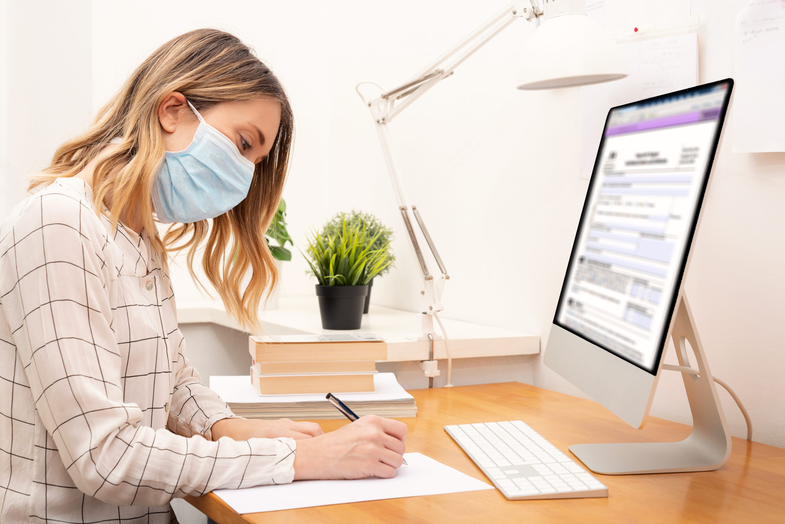 Young Business Woman Working From Home, Wearing Protective Mask