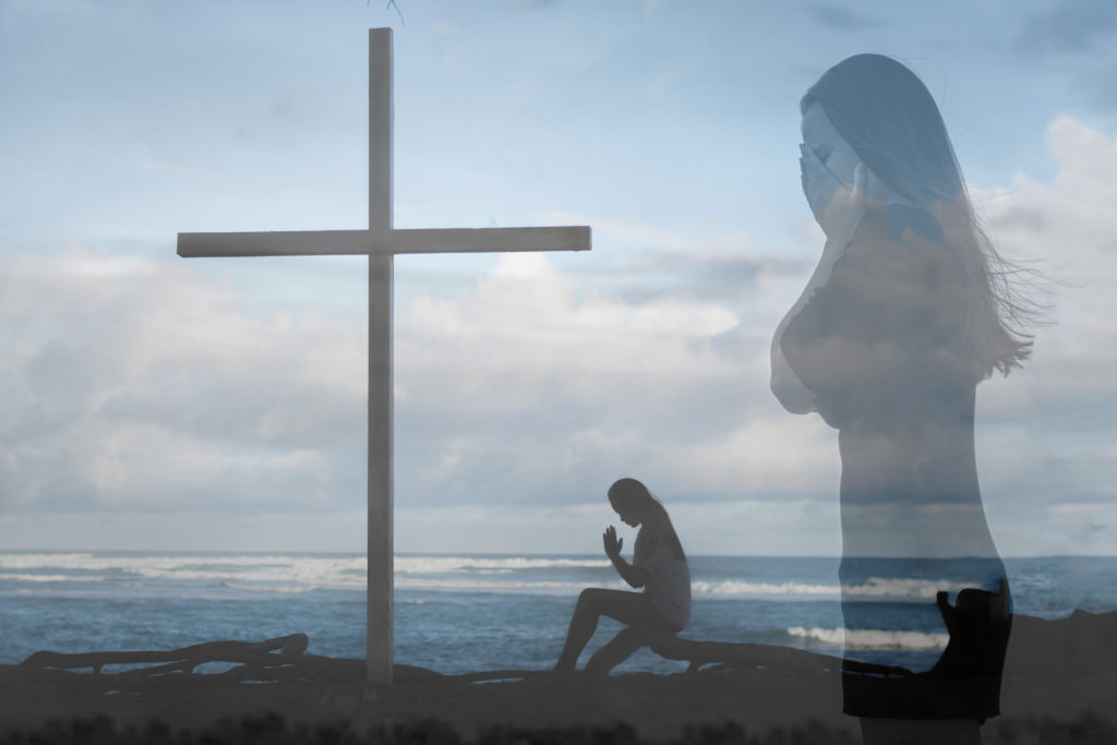 Sad Crying Woman Praying To God. Christian Faith.